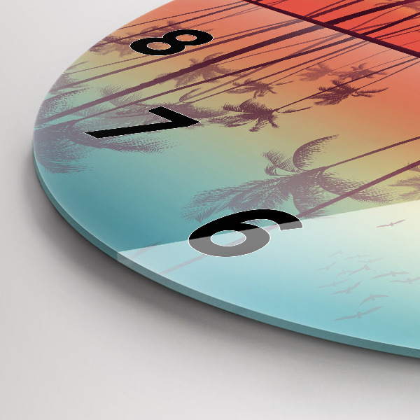 Round glass clock Tropical palm trees