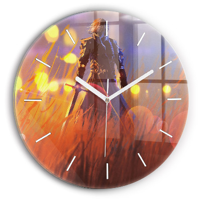Round glass clock Knight with a sword