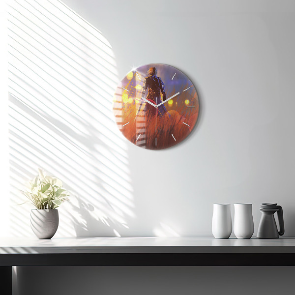 Round glass clock Knight with a sword