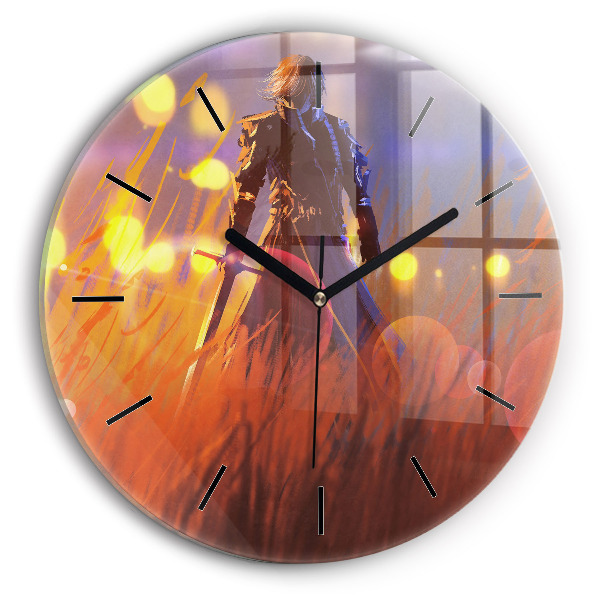 Round glass clock Knight with a sword