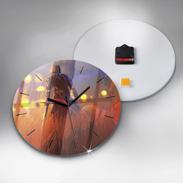 Round glass clock Knight with a sword