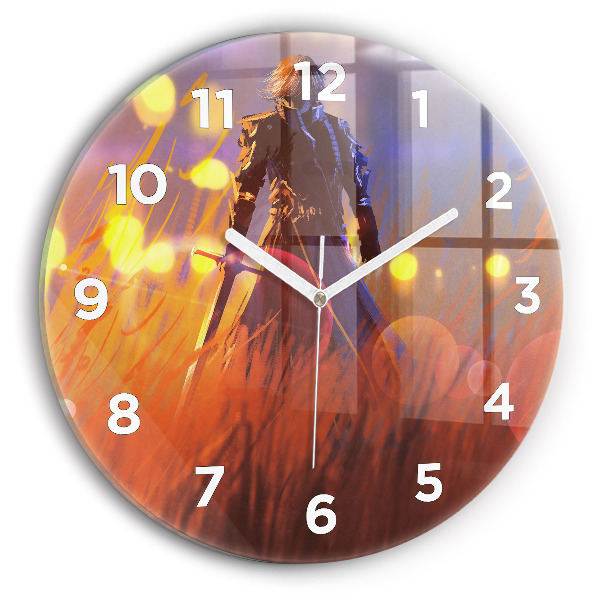 Round glass clock Knight with a sword