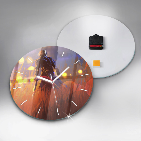 Round glass clock Knight with a sword