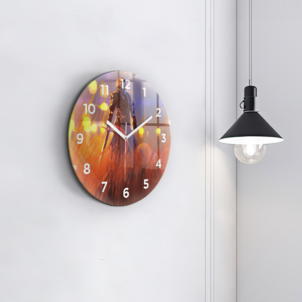 Round glass clock Knight with a sword