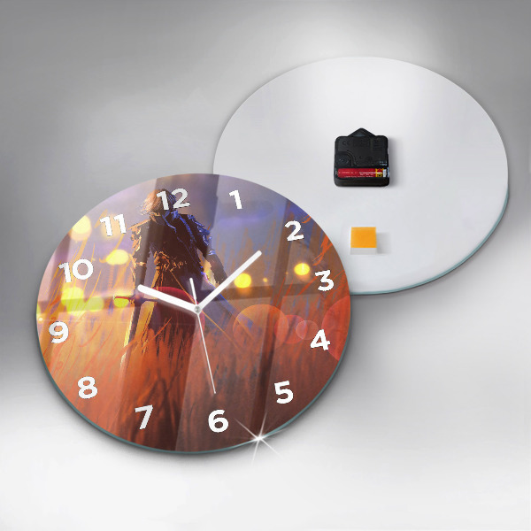 Round glass clock Knight with a sword