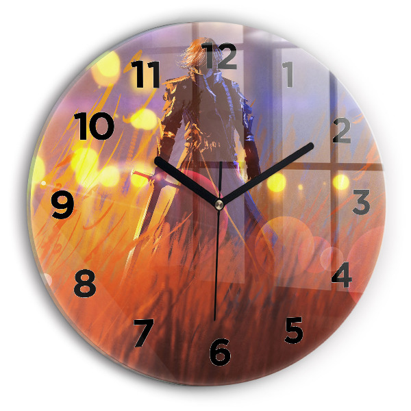 Round glass clock Knight with a sword