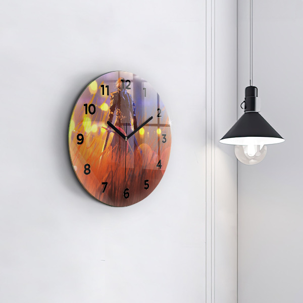 Round glass clock Knight with a sword