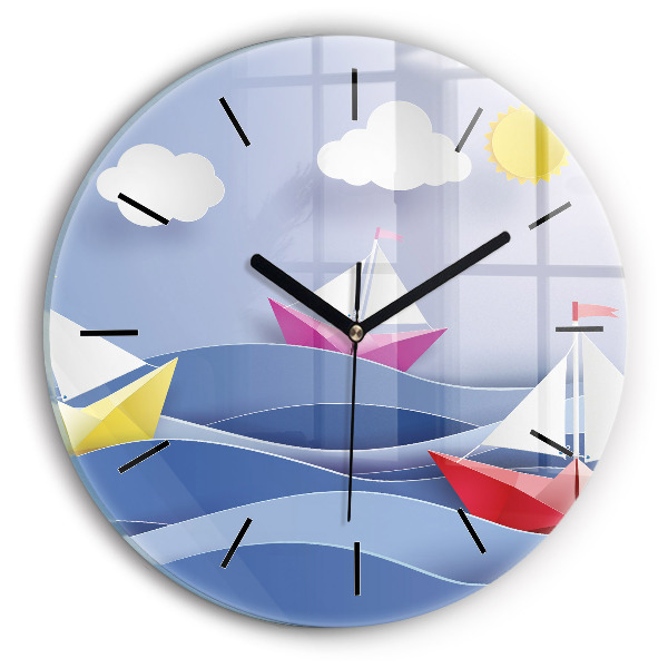 Round glass clock Origami colorful sailboats