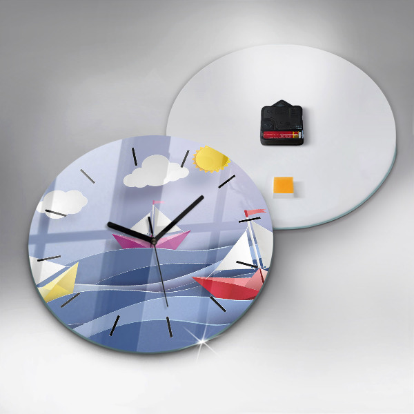 Round glass clock Origami colorful sailboats