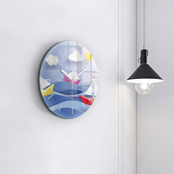 Round glass clock Origami colorful sailboats