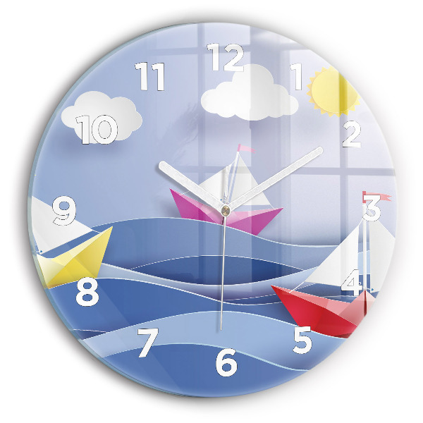Round glass clock Origami colorful sailboats