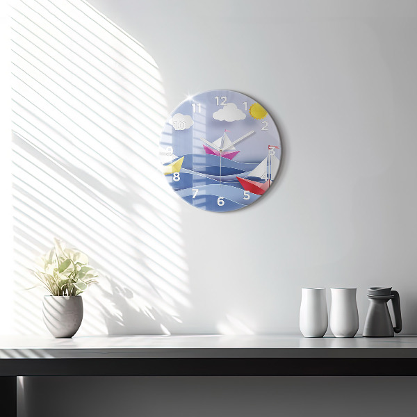 Round glass clock Origami colorful sailboats