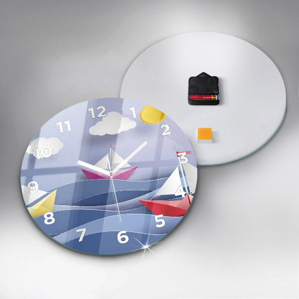 Round glass clock Origami colorful sailboats
