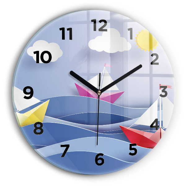 Round glass clock Origami colorful sailboats