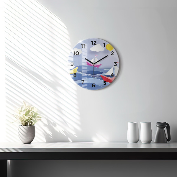 Round glass clock Origami colorful sailboats
