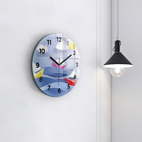 Round glass clock Origami colorful sailboats