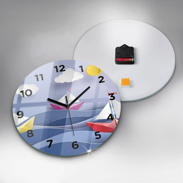 Round glass clock Origami colorful sailboats