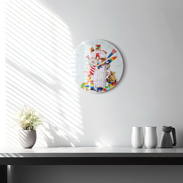 Round glass clock Wicker basket with toys