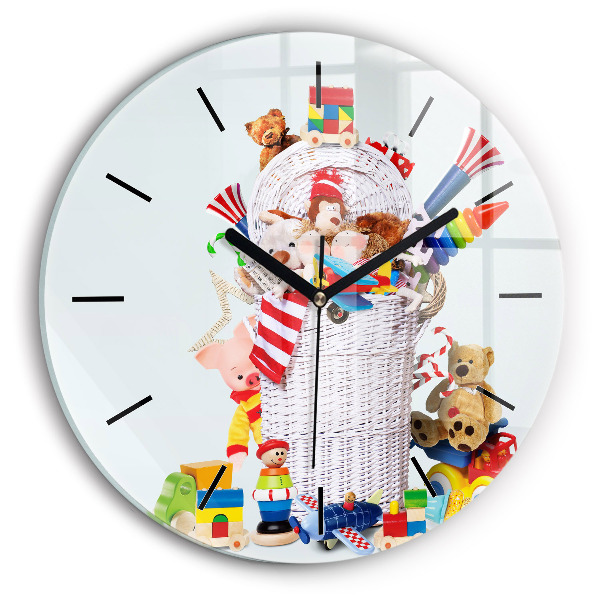 Round glass clock Wicker basket with toys