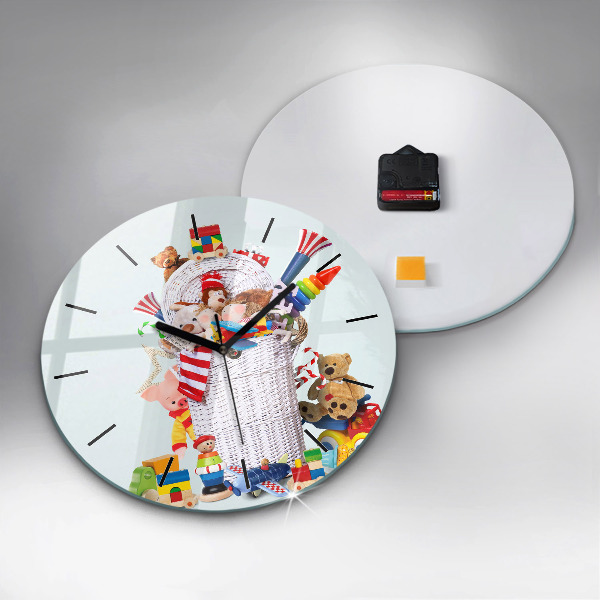Round glass clock Wicker basket with toys