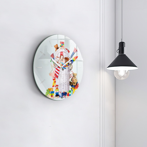 Round glass clock Wicker basket with toys