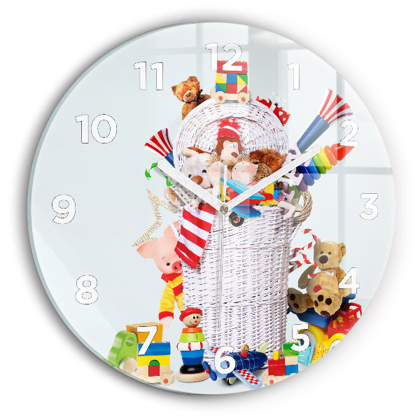 Round glass clock Wicker basket with toys