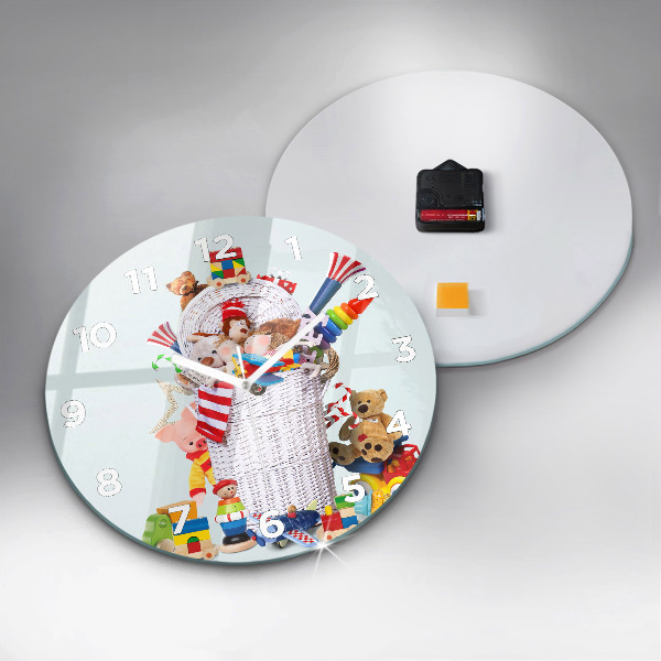 Round glass clock Wicker basket with toys