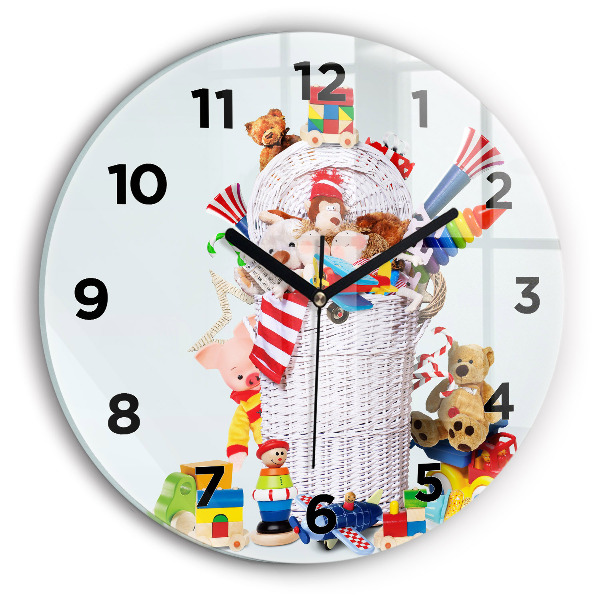Round glass clock Wicker basket with toys