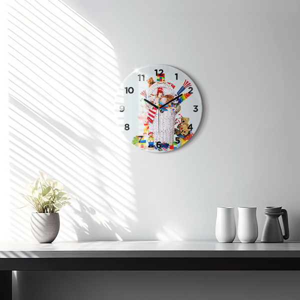 Round glass clock Wicker basket with toys