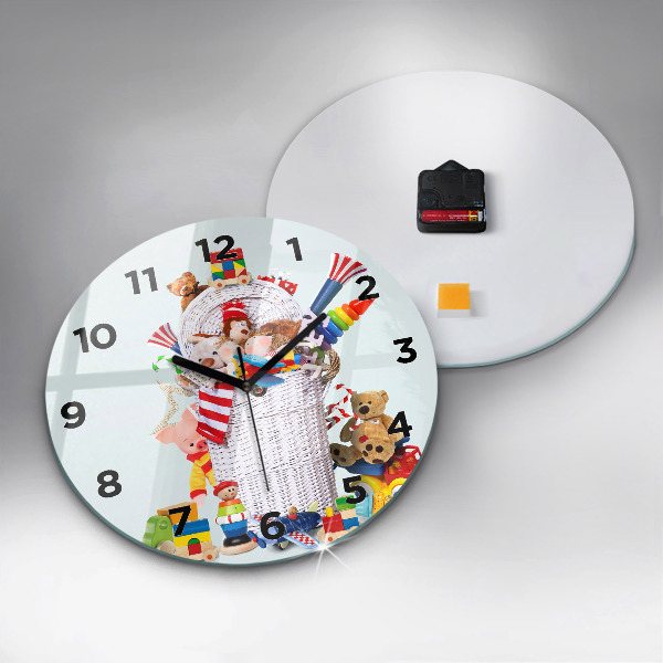 Round glass clock Wicker basket with toys