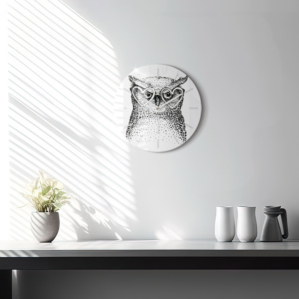 Round glass clock Drawn owl with glasses
