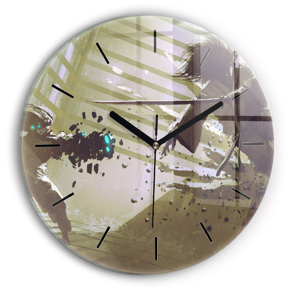 Round glass clock Robot vs Samurai Fight