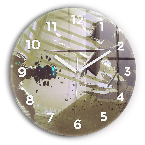 Round glass clock Robot vs Samurai Fight