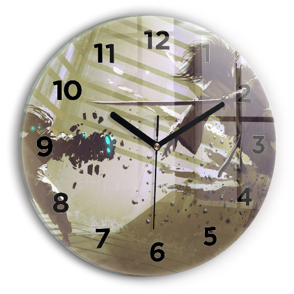 Round glass clock Robot vs Samurai Fight