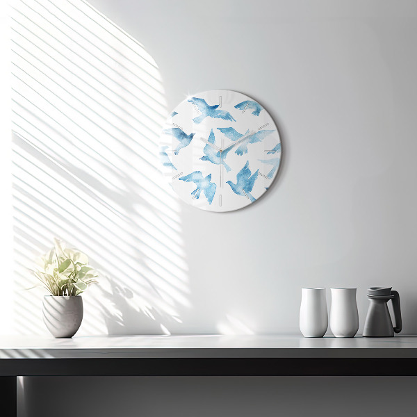 Round glass clock Flying blue birds