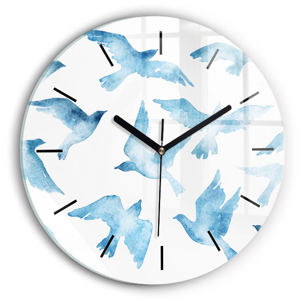 Round glass clock Flying blue birds