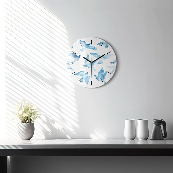 Round glass clock Flying blue birds