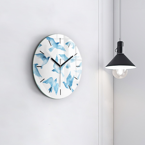 Round glass clock Flying blue birds