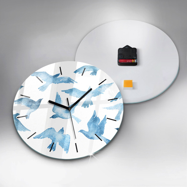 Round glass clock Flying blue birds