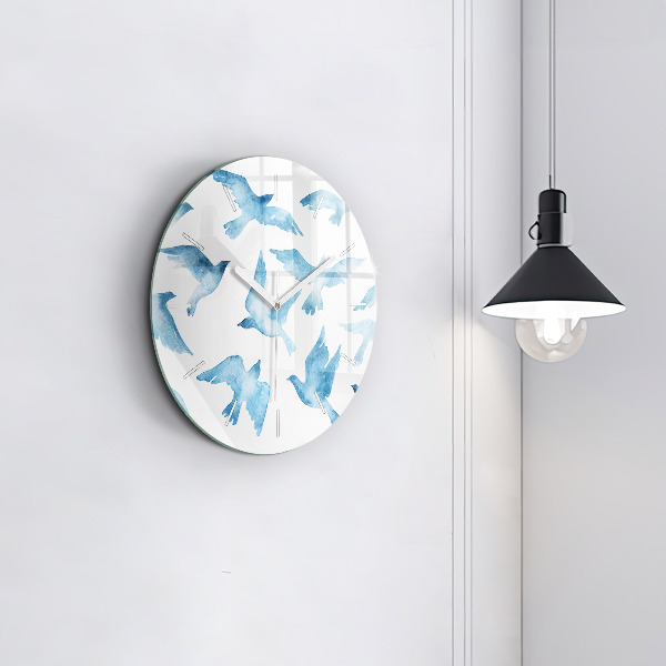 Round glass clock Flying blue birds