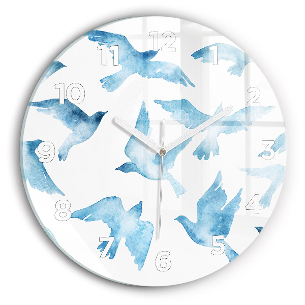 Round glass clock Flying blue birds