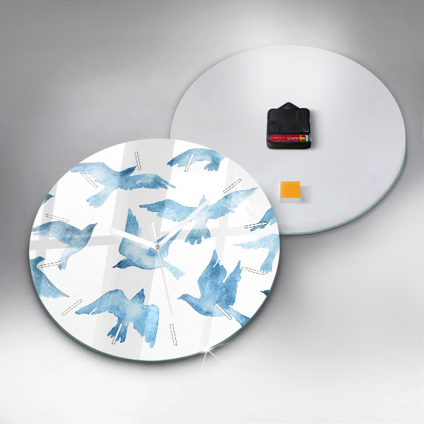 Round glass clock Flying blue birds