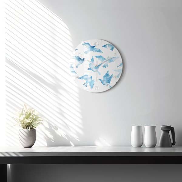 Round glass clock Flying blue birds