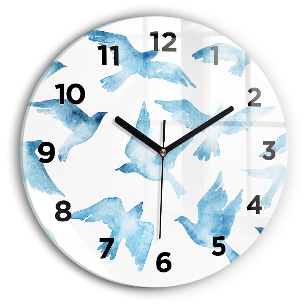 Round glass clock Flying blue birds