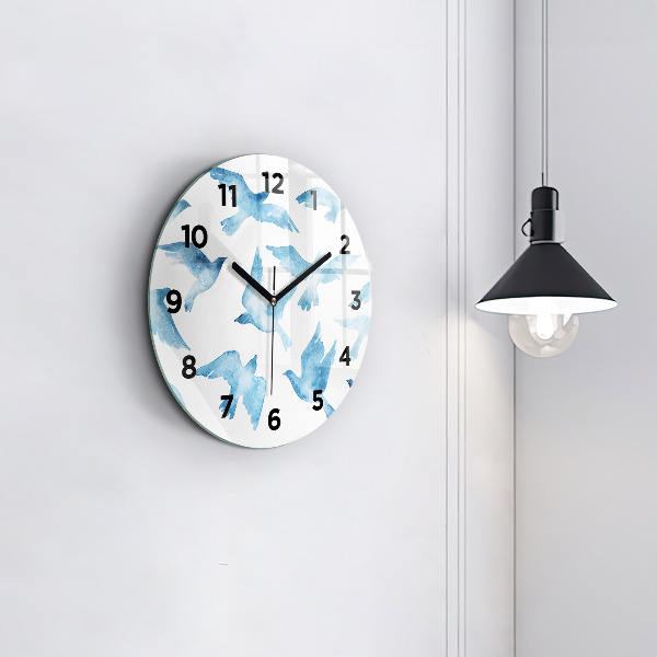 Round glass clock Flying blue birds