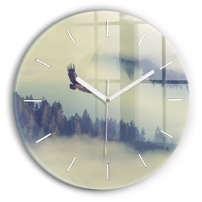 Round glass clock Misty forest eagle