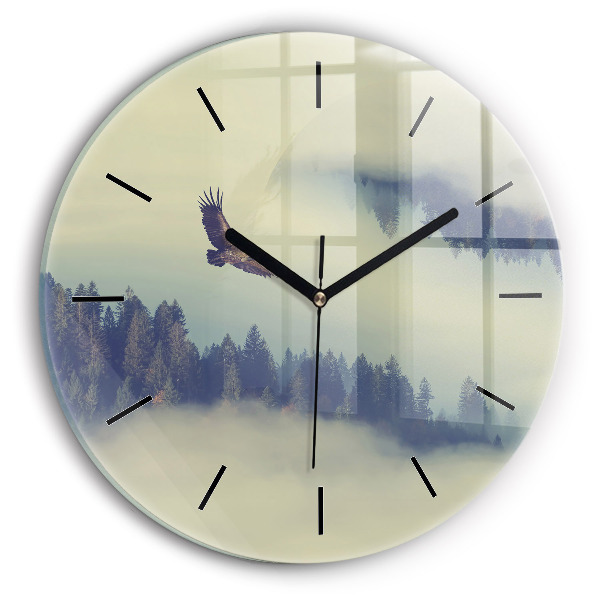 Round glass clock Misty forest eagle