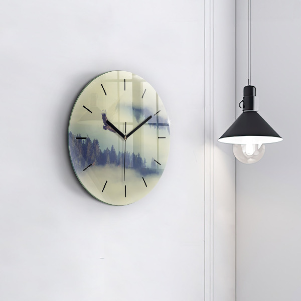 Round glass clock Misty forest eagle