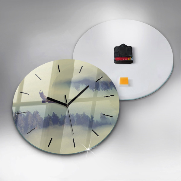 Round glass clock Misty forest eagle