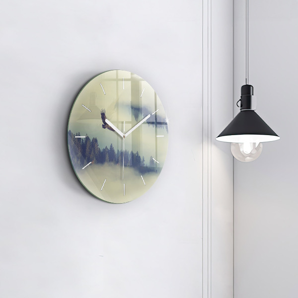 Round glass clock Misty forest eagle